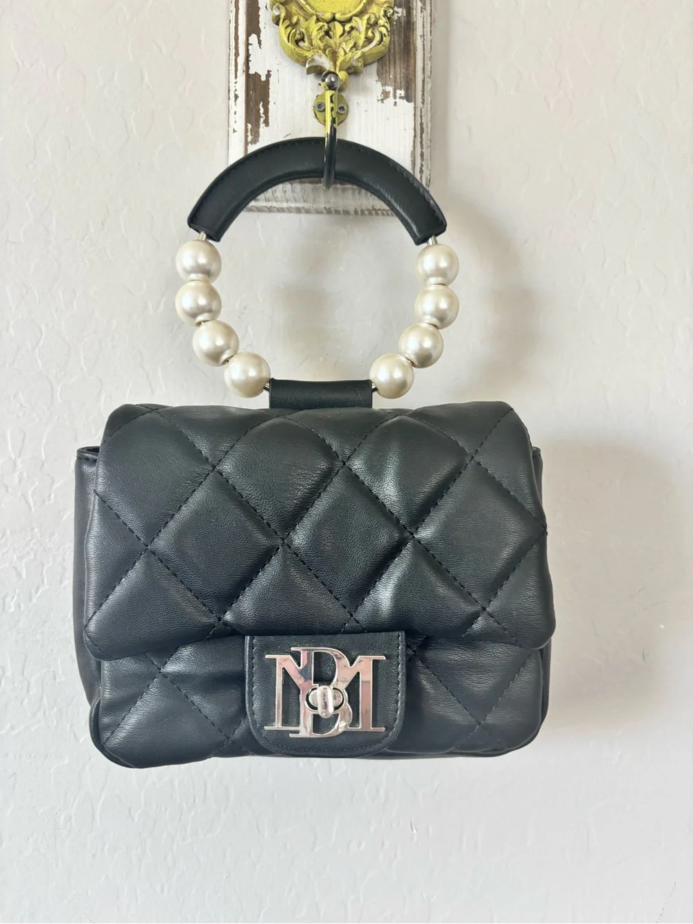 Badgley Mischka Black Quilted Pearl-Handle Crossbody